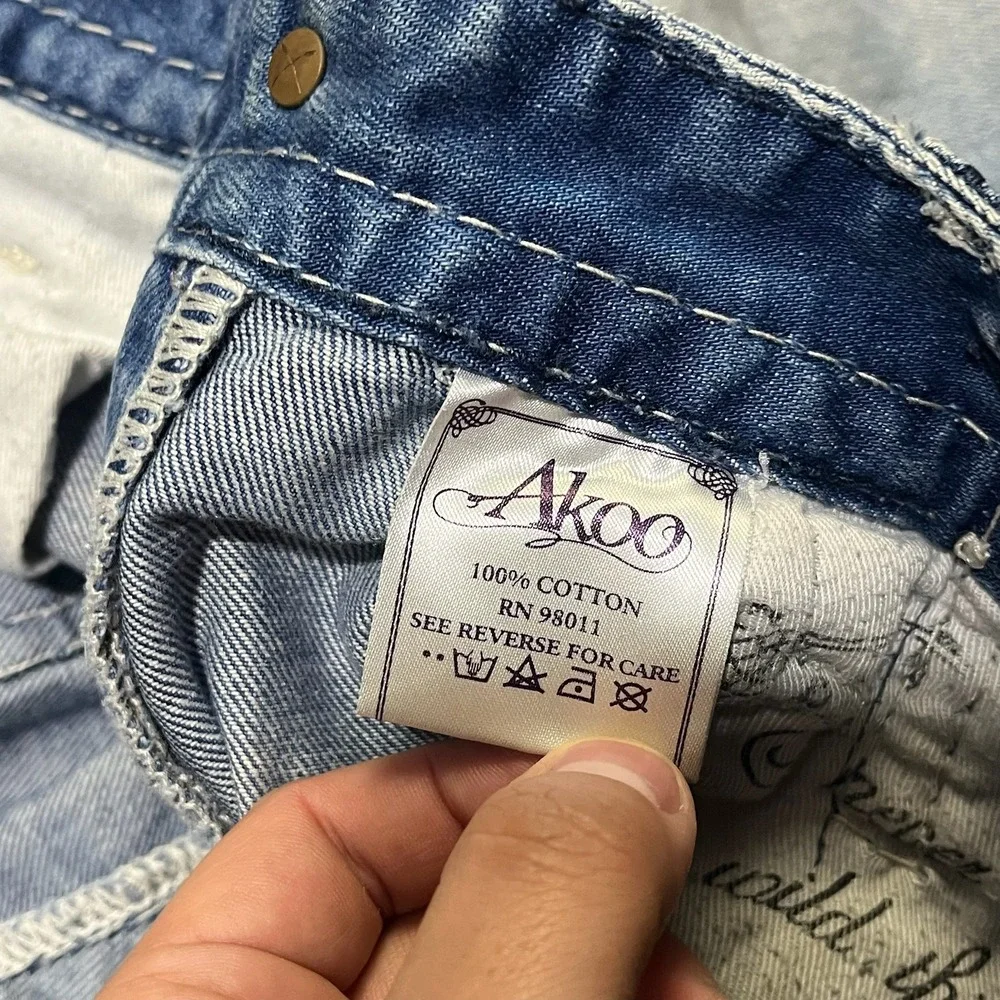 Akoo Jeans Mens 36x32 Blue Embroidered Denim Flap Pockets Streetwear Vintage Y2K